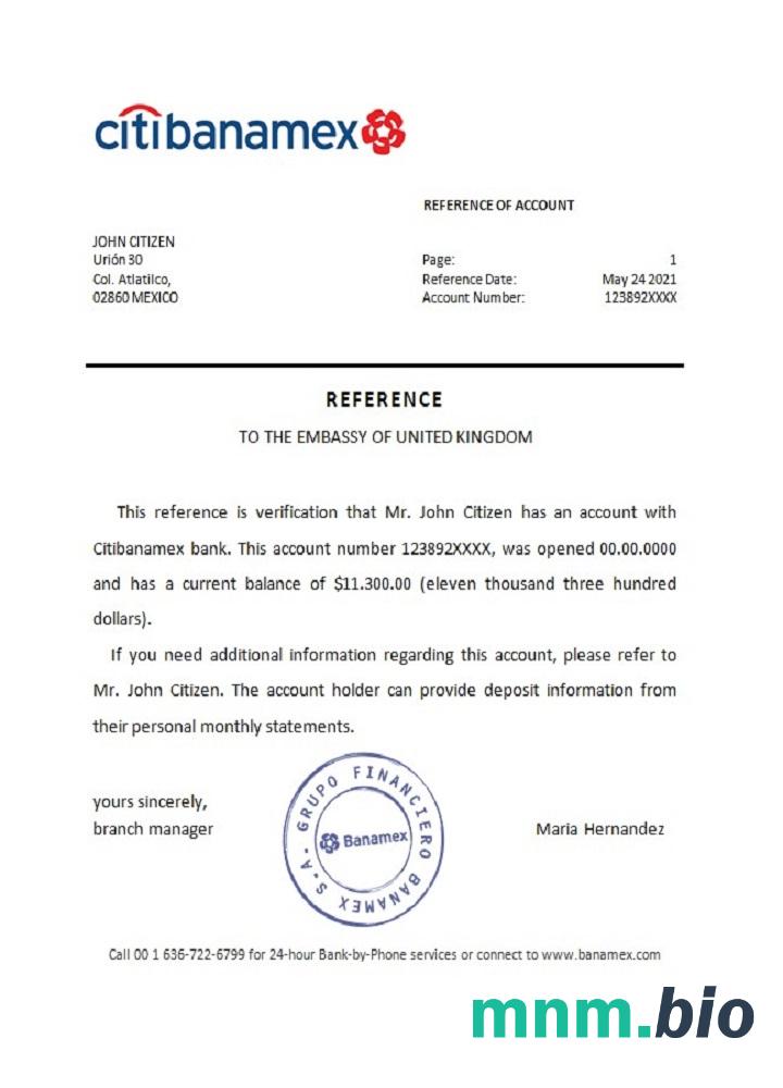 Meksyk Citibanamex Bank przykład odniesienia w formatach Word i PDF